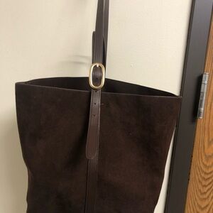 Old Navy Dark Brown Suede Shoulder Tote with Gold Buckle